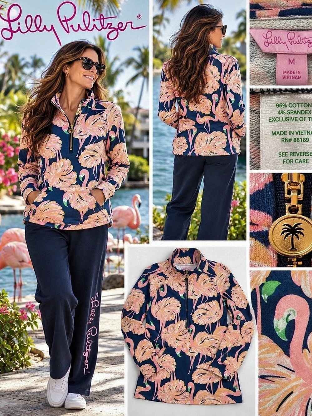 Lilly Pulitzer UPF 50+ Skipper Popover Gibe Me Some Leg 🦩 Half Zip Jacket